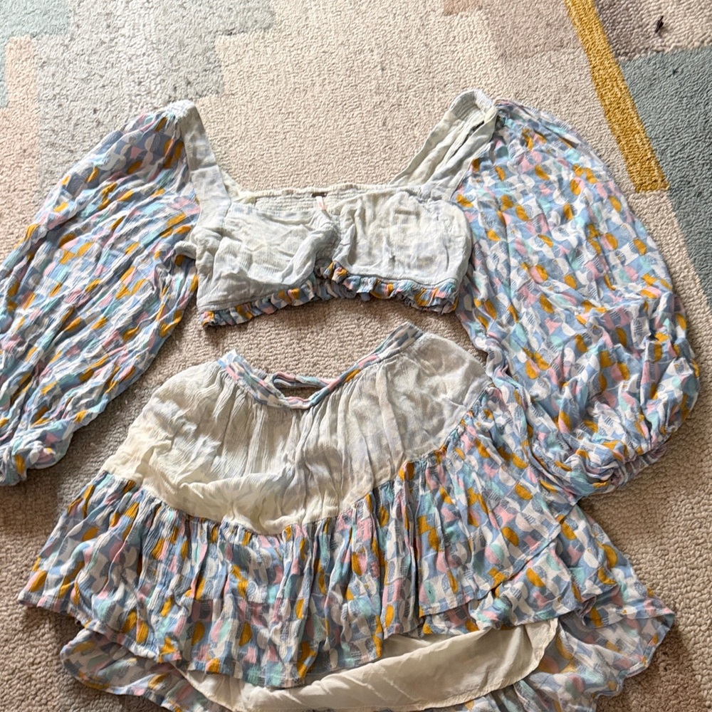 Free People Colorful Patterned Crop Top and Skirt Set